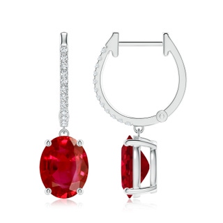 9x7mm AAA Oval Ruby Hoop Drop Earrings with Diamonds in P950 Platinum