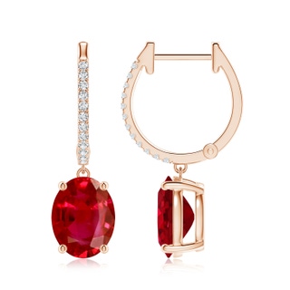 9x7mm AAA Oval Ruby Hoop Drop Earrings with Diamonds in Rose Gold