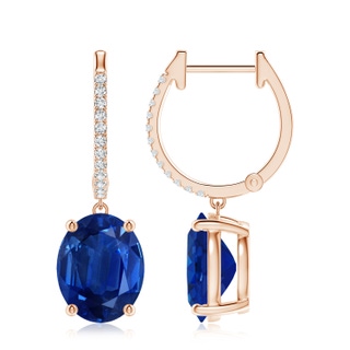 10x8mm AAA Oval Blue Sapphire Hoop Drop Earrings with Diamonds in Rose Gold