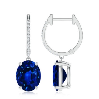 10x8mm Lab-Grown Oval Blue Sapphire Hoop Drop Earrings with Diamonds in P950 Platinum