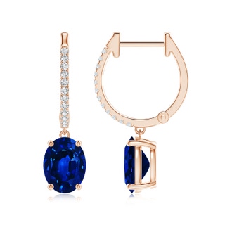 8x6mm Lab-Grown Oval Blue Sapphire Hoop Drop Earrings with Diamonds in 9K Rose Gold