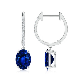 8x6mm Lab-Grown Oval Blue Sapphire Hoop Drop Earrings with Diamonds in White Gold