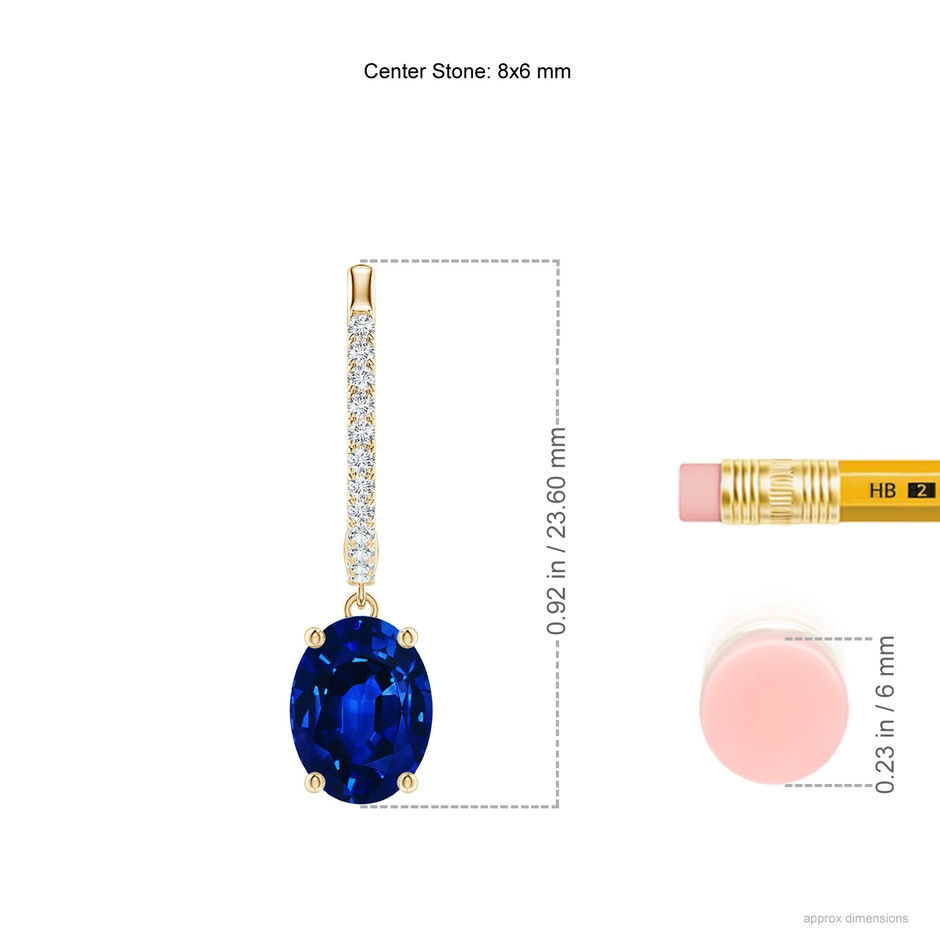 8x6mm Lab-Grown Oval Blue Sapphire Hoop Drop Earrings with Diamonds in Yellow Gold ruler