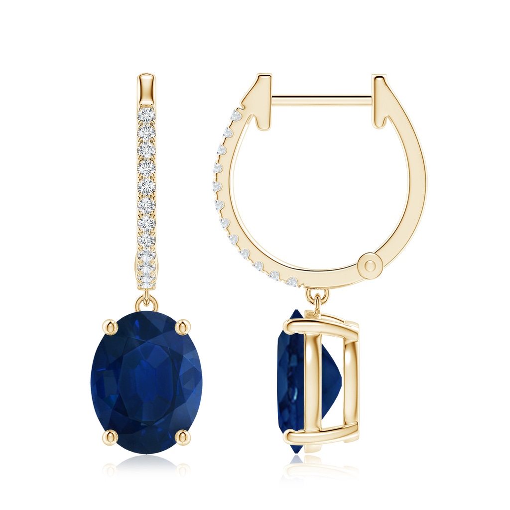 9x7mm AA Oval Blue Sapphire Hoop Drop Earrings with Diamonds in Yellow Gold