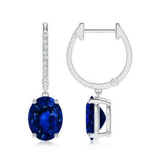 9x7mm AAAA Oval Blue Sapphire Hoop Drop Earrings with Diamonds in P950 Platinum