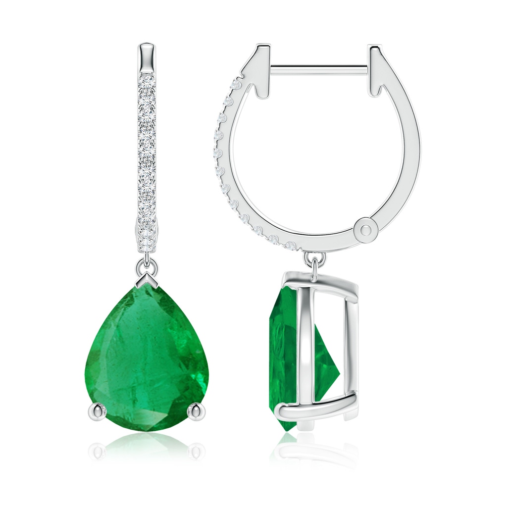 10x8mm AA Pear Emerald Hoop Drop Earrings with Diamonds in White Gold