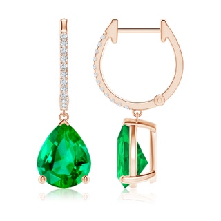 10x8mm AAA Pear Emerald Hoop Drop Earrings with Diamonds in 9K Rose Gold