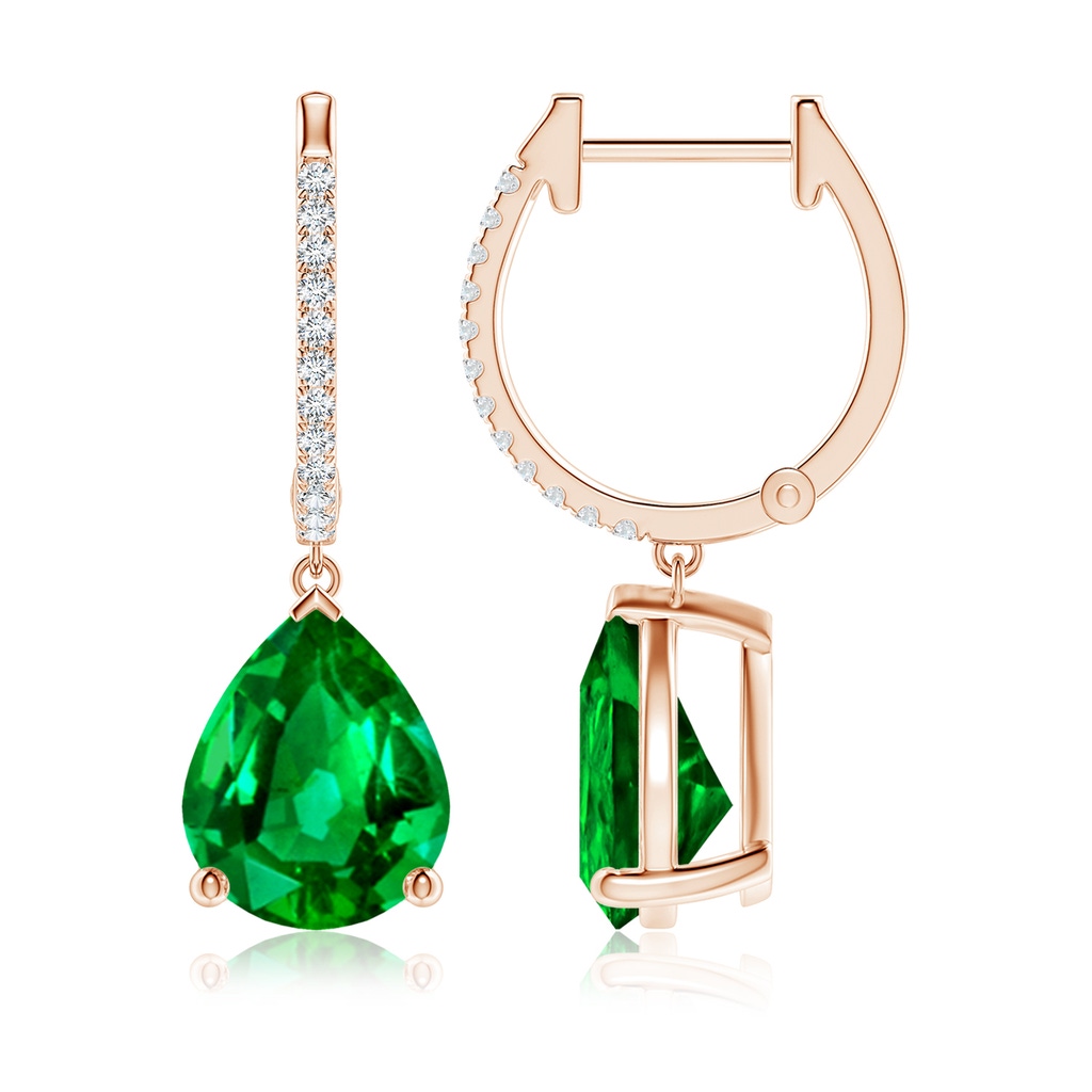 10x8mm AAAA Pear Emerald Hoop Drop Earrings with Diamonds in Rose Gold