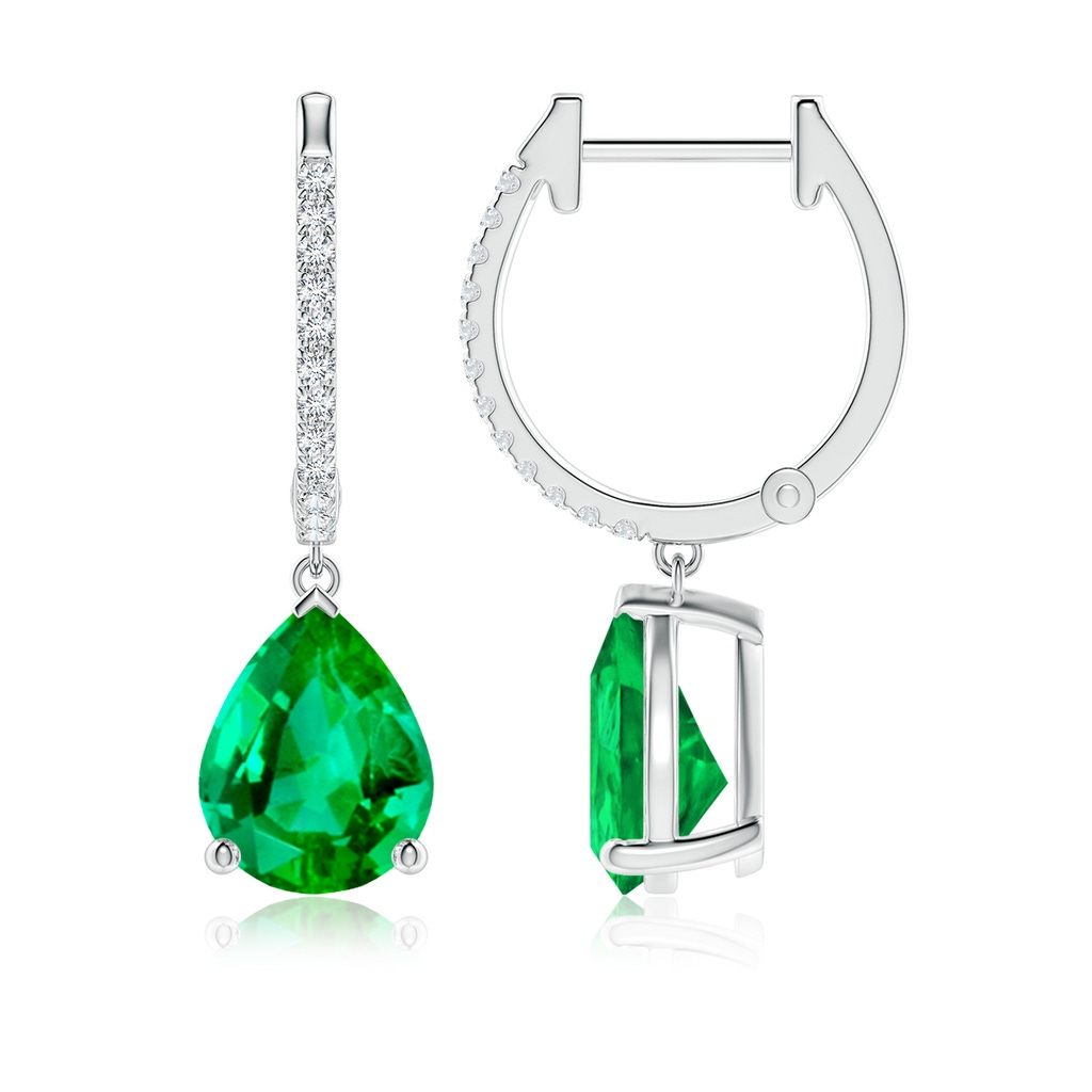 9x7mm AAA Pear Emerald Hoop Drop Earrings with Diamonds in White Gold