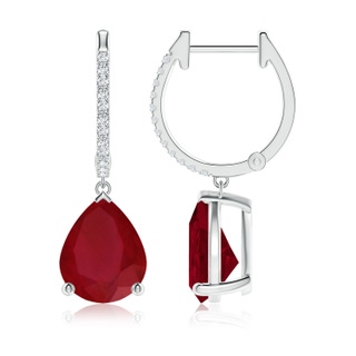 10x8mm AA Pear Ruby Hoop Drop Earrings with Diamonds in White Gold