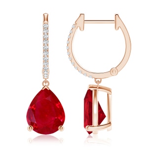 10x8mm AAA Pear Ruby Hoop Drop Earrings with Diamonds in 10K Rose Gold