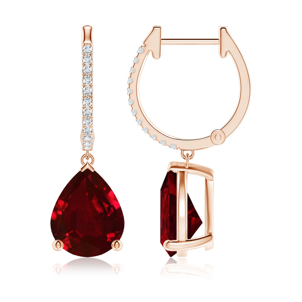 10x8mm AAAA Pear Ruby Hoop Drop Earrings with Diamonds in Rose Gold