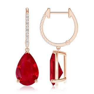 12x10mm AAA Pear Ruby Hoop Drop Earrings with Diamonds in Rose Gold