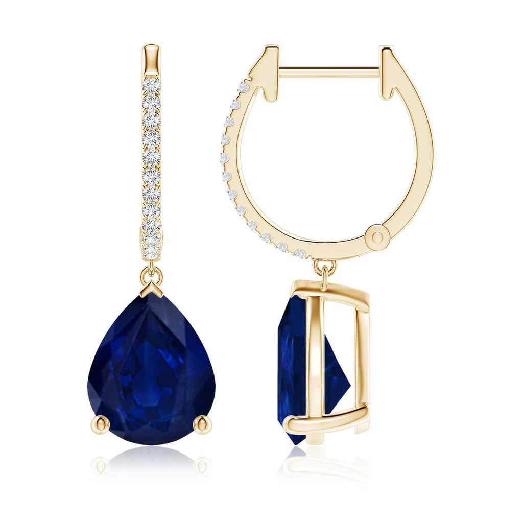 10x8mm AA Pear Blue Sapphire Hoop Drop Earrings with Diamonds in Yellow Gold