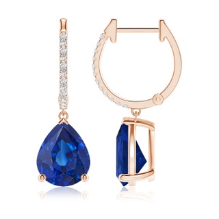 10x8mm AAA Pear Blue Sapphire Hoop Drop Earrings with Diamonds in 10K Rose Gold