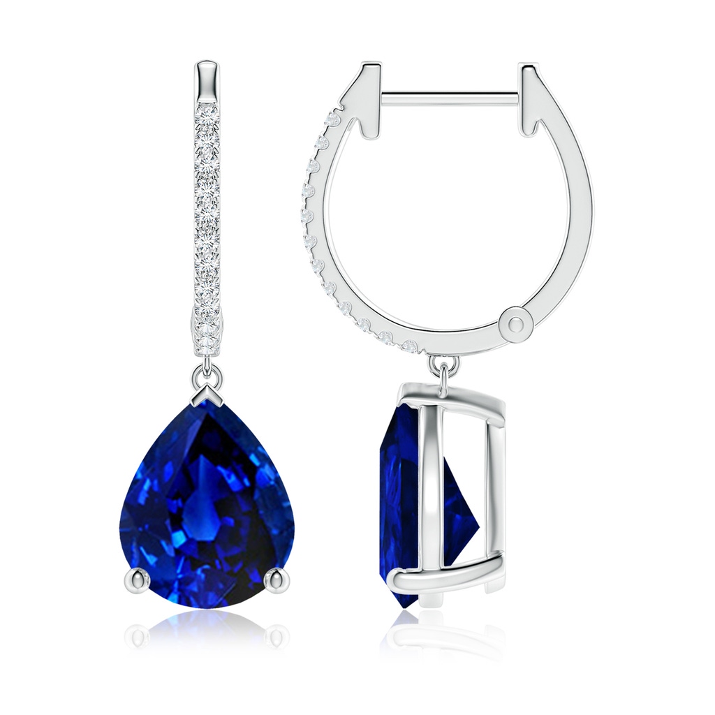 10x8mm Lab-Grown Pear Blue Sapphire Hoop Drop Earrings with Diamonds in P950 Platinum