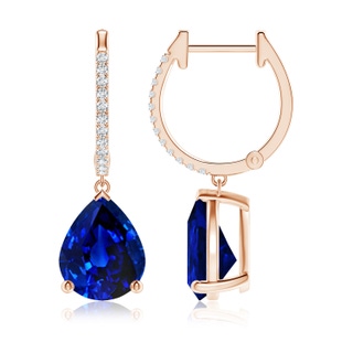 10x8mm AAAA Pear Blue Sapphire Hoop Drop Earrings with Diamonds in Rose Gold