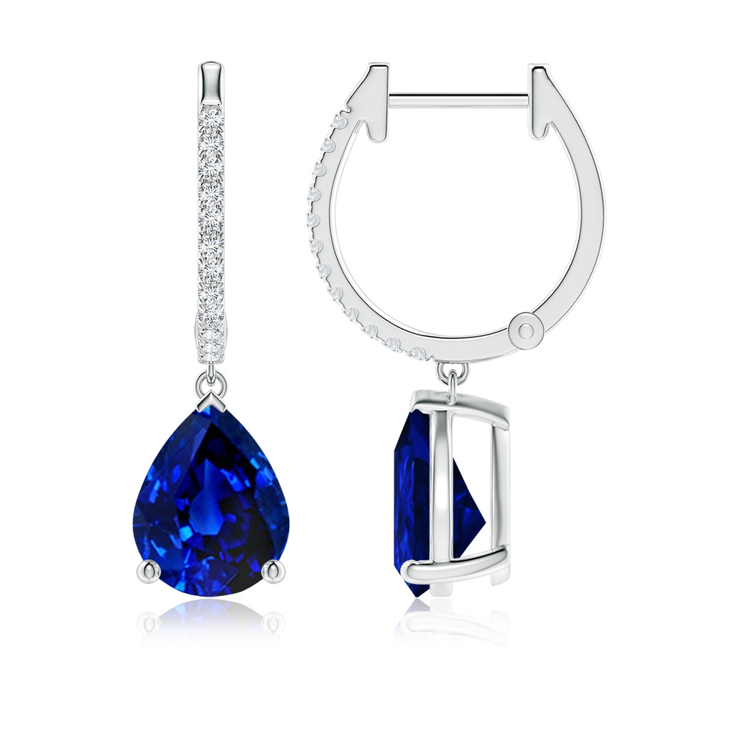 9x7mm Lab-Grown Pear Blue Sapphire Hoop Drop Earrings with Diamonds in White Gold