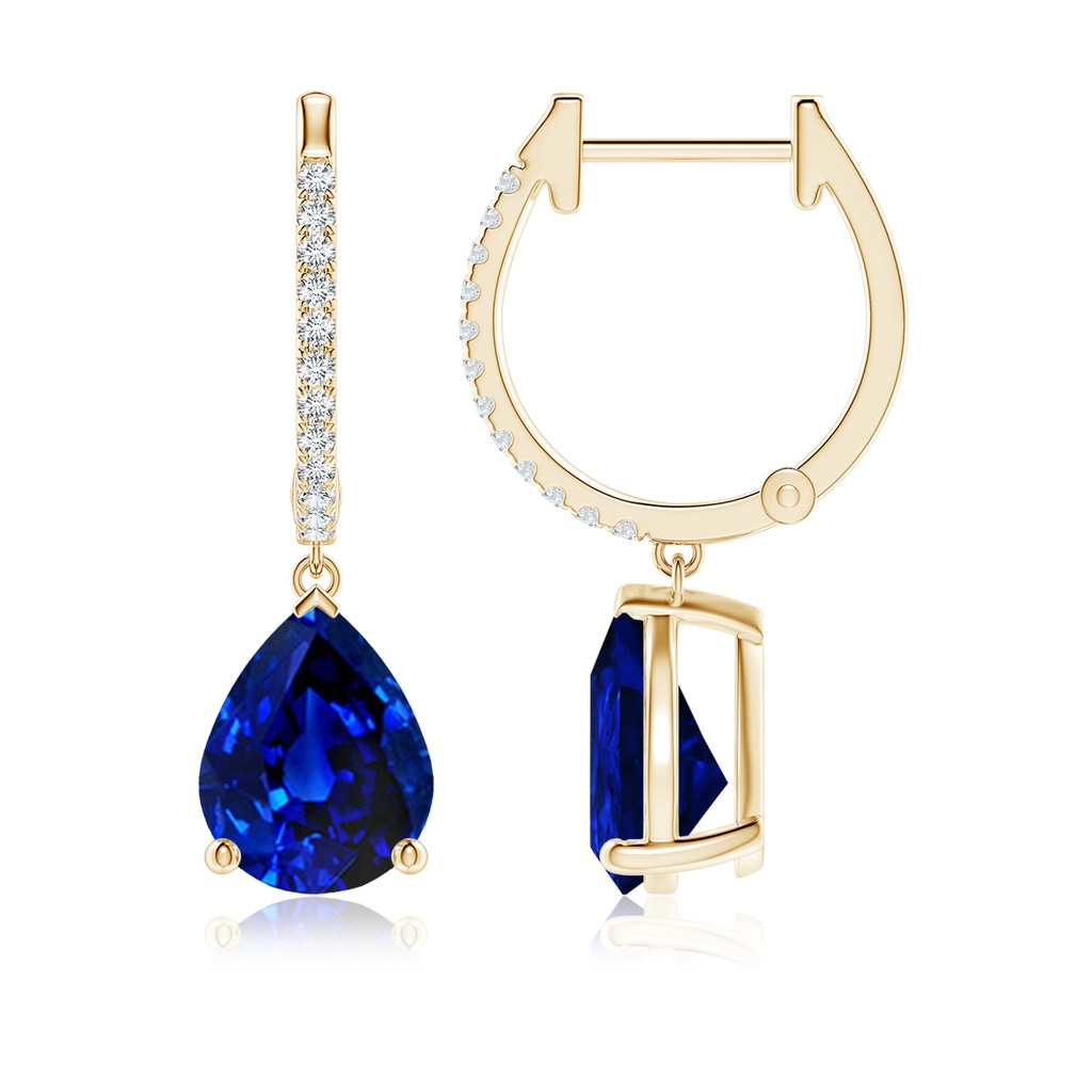 9x7mm Lab-Grown Pear Blue Sapphire Hoop Drop Earrings with Diamonds in Yellow Gold