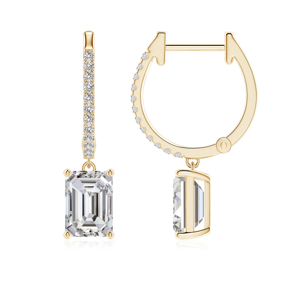 7x5mm IJI1I2 Emerald-Cut Diamond Hoop Drop Earrings with Accents in Yellow Gold