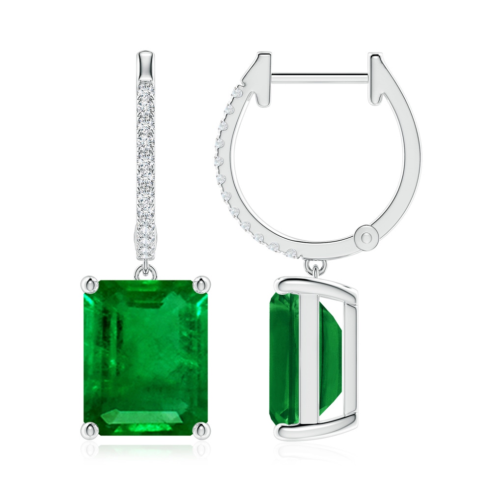 10x8mm AAAA Emerald-Cut Emerald Hoop Drop Earrings with Diamonds in P950 Platinum