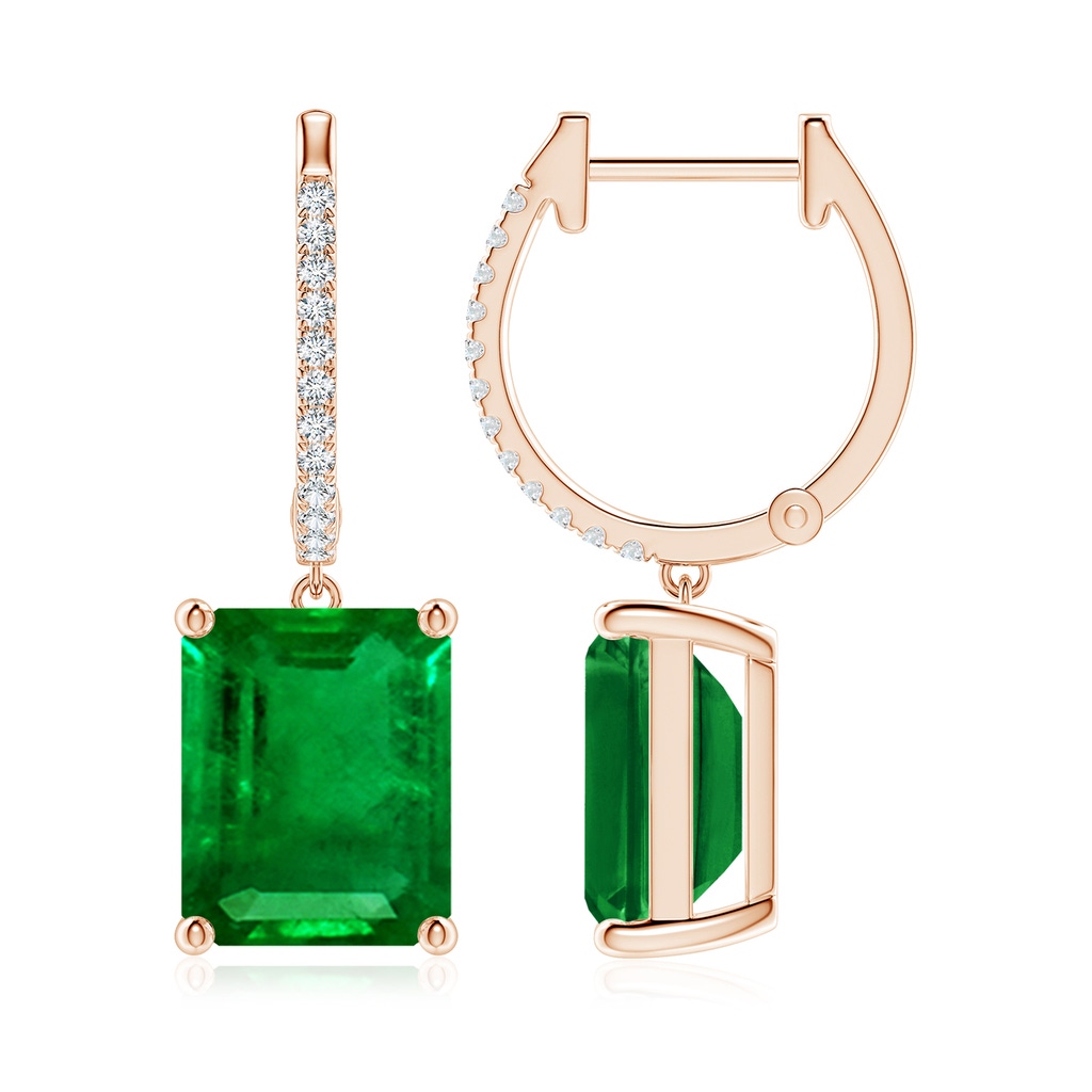 10x8mm AAAA Emerald-Cut Emerald Hoop Drop Earrings with Diamonds in Rose Gold