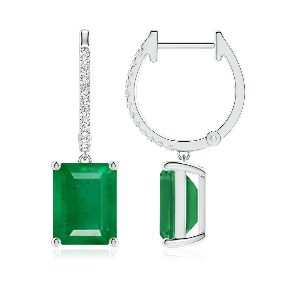 9x7mm AA Emerald-Cut Emerald Hoop Drop Earrings with Diamonds in White Gold