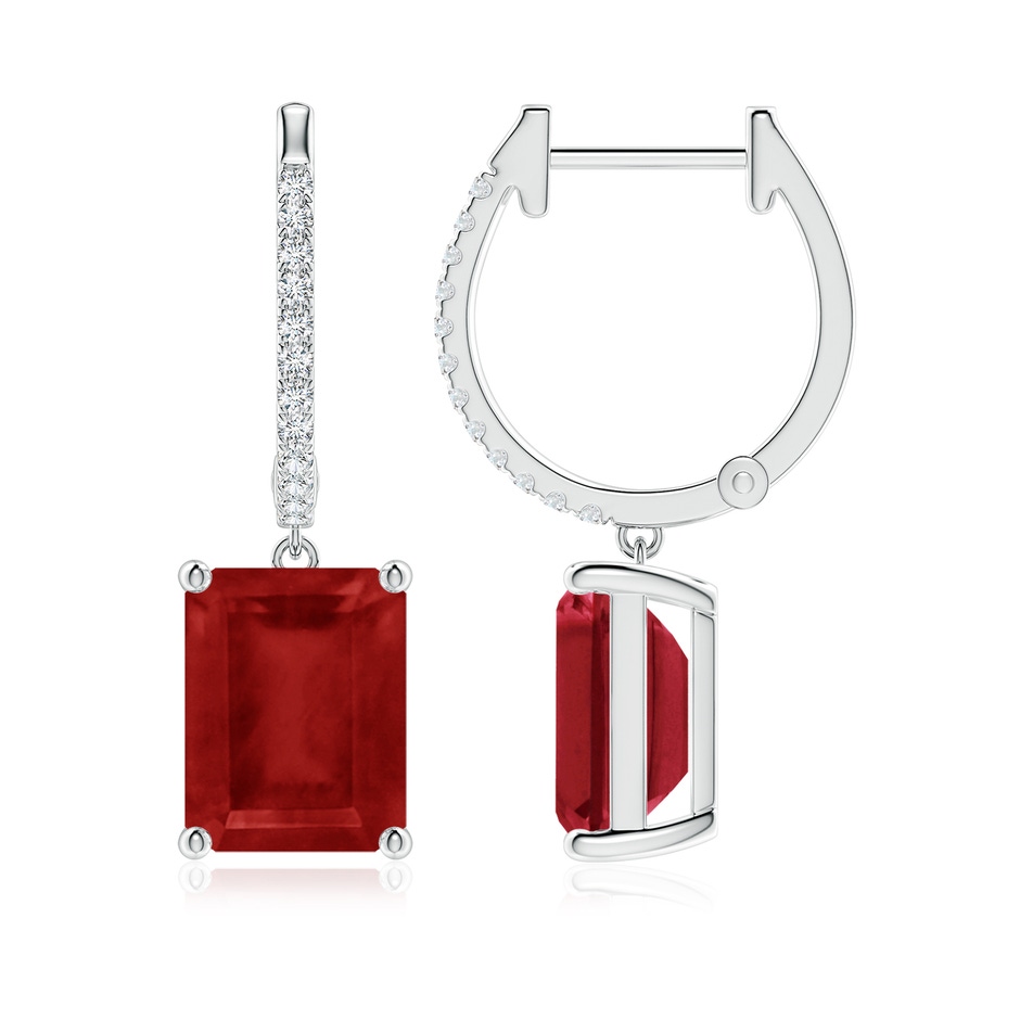 9x7mm AA Emerald-Cut Ruby Hoop Drop Earrings with Diamonds in White Gold 