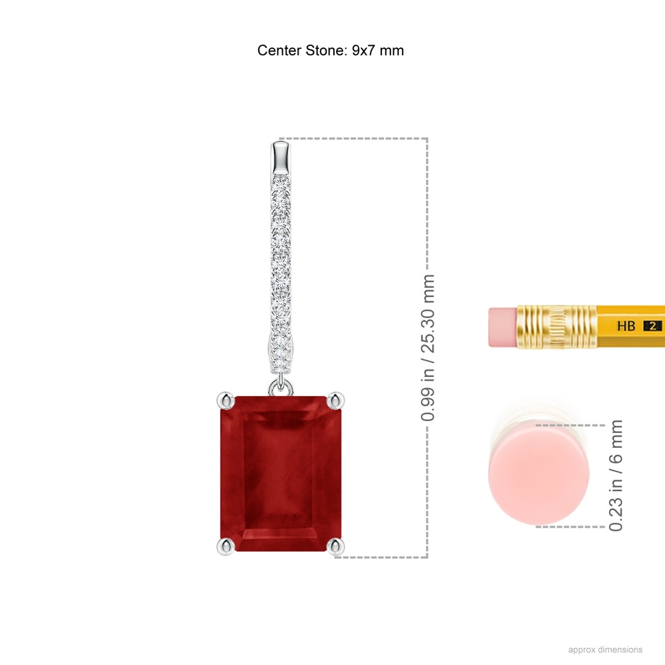 9x7mm AA Emerald-Cut Ruby Hoop Drop Earrings with Diamonds in White Gold ruler