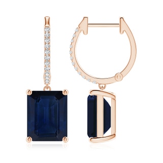 10x8mm AA Emerald-Cut Blue Sapphire Hoop Drop Earrings with Diamonds in Rose Gold