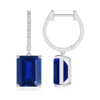 10x8mm Lab-Grown Emerald-Cut Blue Sapphire Hoop Drop Earrings with Diamonds in P950 Platinum