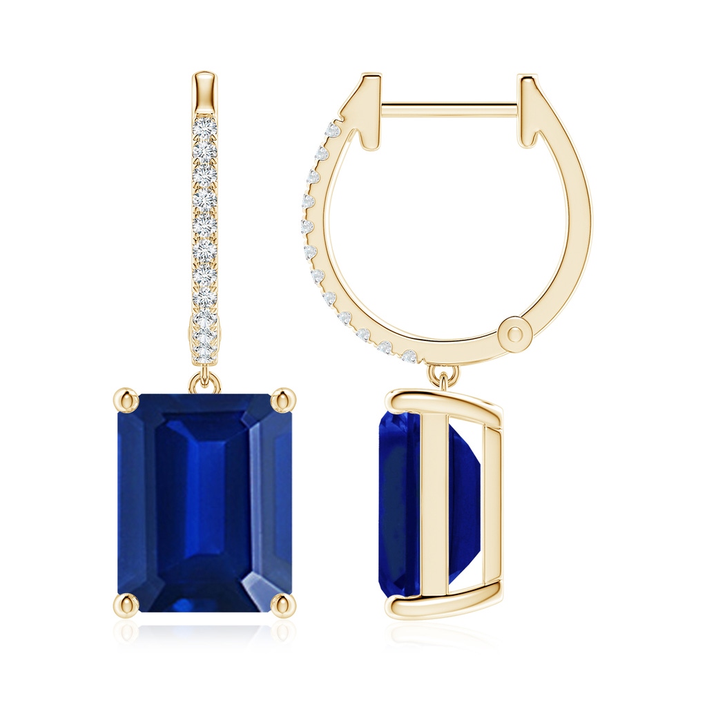10x8mm Lab-Grown Emerald-Cut Blue Sapphire Hoop Drop Earrings with Diamonds in Yellow Gold
