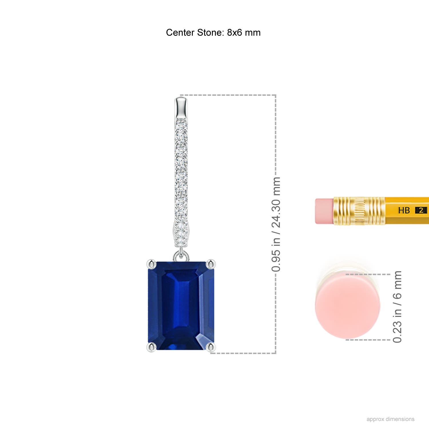 8x6mm AAAA Emerald-Cut Blue Sapphire Hoop Drop Earrings with Diamonds in White Gold - ruler