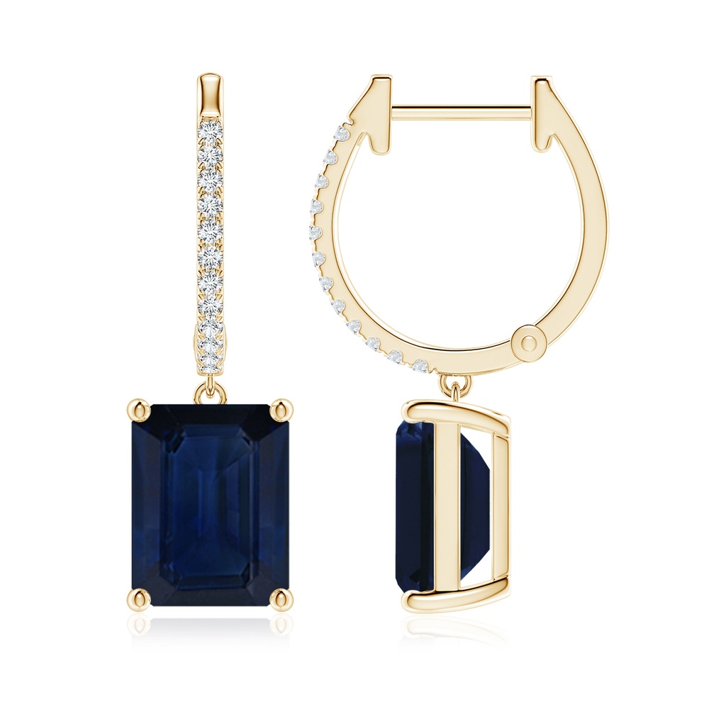 9x7mm AA Emerald-Cut Blue Sapphire Hoop Drop Earrings with Diamonds in Yellow Gold