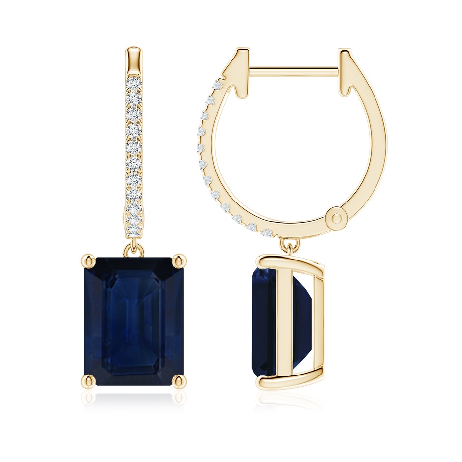 9x7mm AA Emerald-Cut Blue Sapphire Hoop Drop Earrings with Diamonds in Yellow Gold 