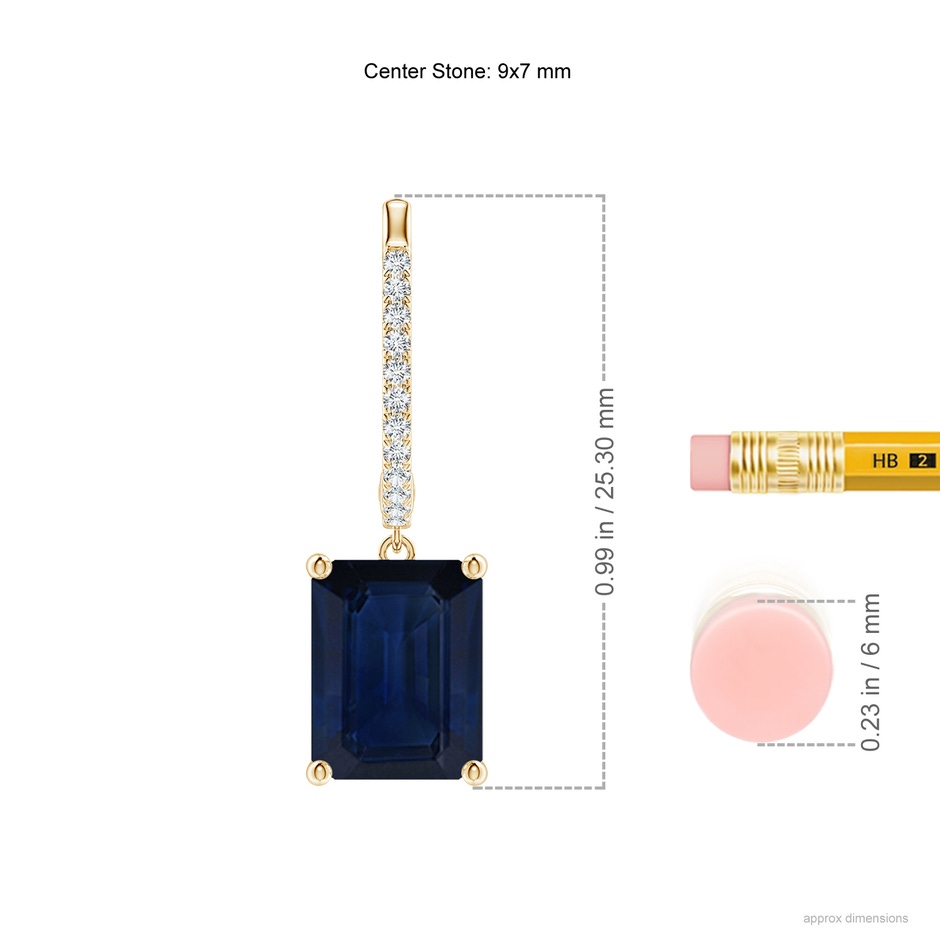 9x7mm AA Emerald-Cut Blue Sapphire Hoop Drop Earrings with Diamonds in Yellow Gold ruler