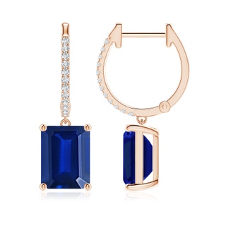 9x7mm AAAA Emerald-Cut Blue Sapphire Hoop Drop Earrings with Diamonds in Rose Gold