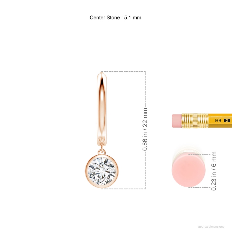 5.1mm HSI2 Round Diamond Hoop Drop Earrings in 18K Rose Gold ruler