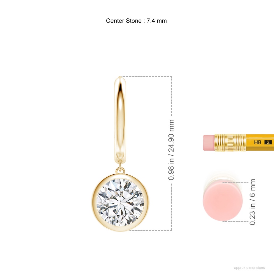 7.4mm HSI2 Round Diamond Hoop Drop Earrings in Yellow Gold ruler