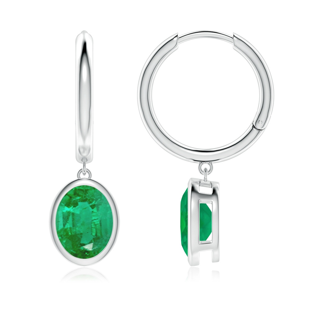 9x7mm AA Oval Emerald Hoop Drop Earrings in White Gold