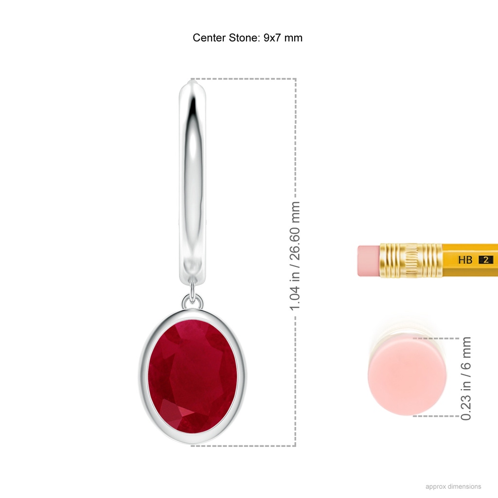 9x7mm AA Oval Ruby Hoop Drop Earrings in White Gold ruler