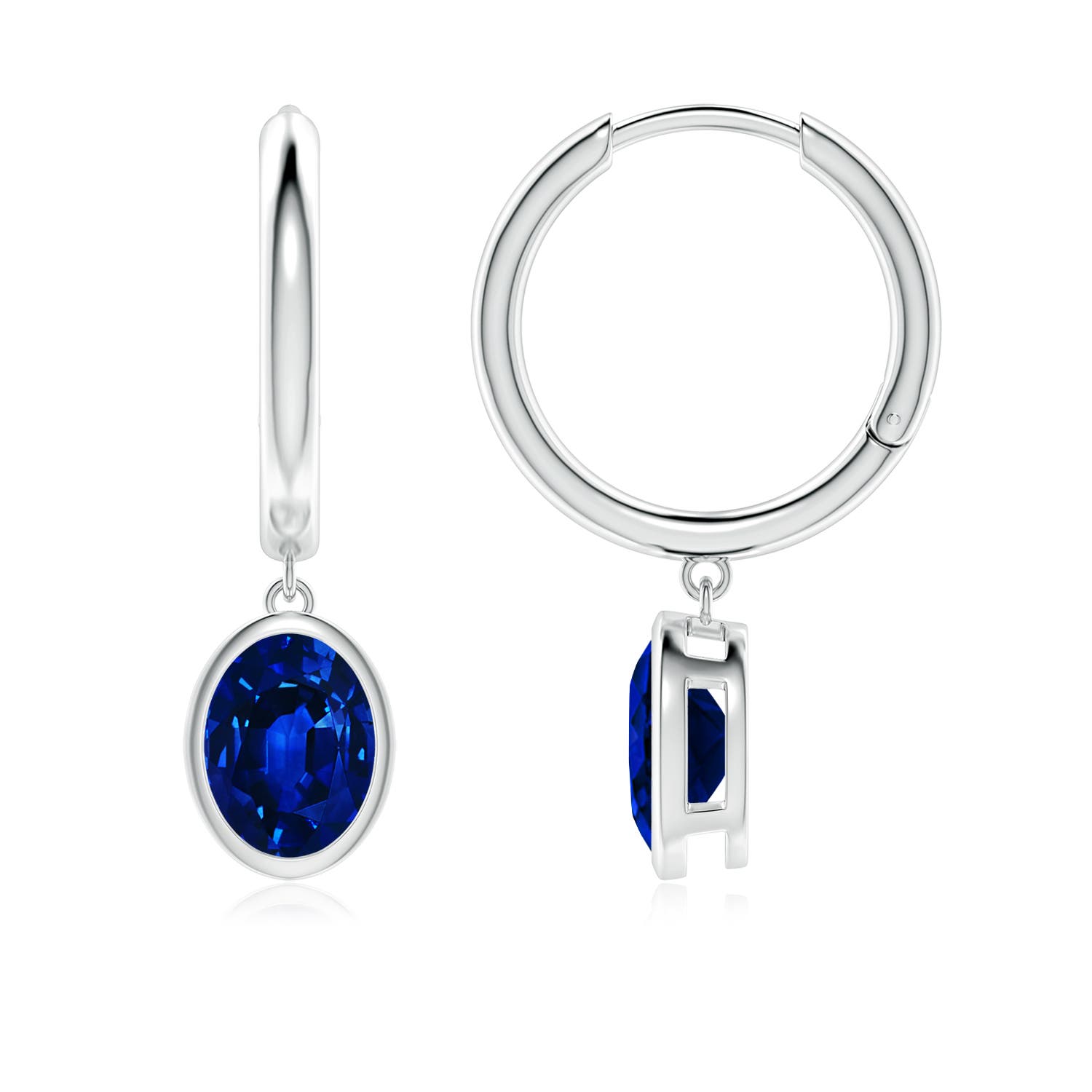8x6mm AAAA Oval Blue Sapphire Hoop Drop Earrings in 18K White Gold