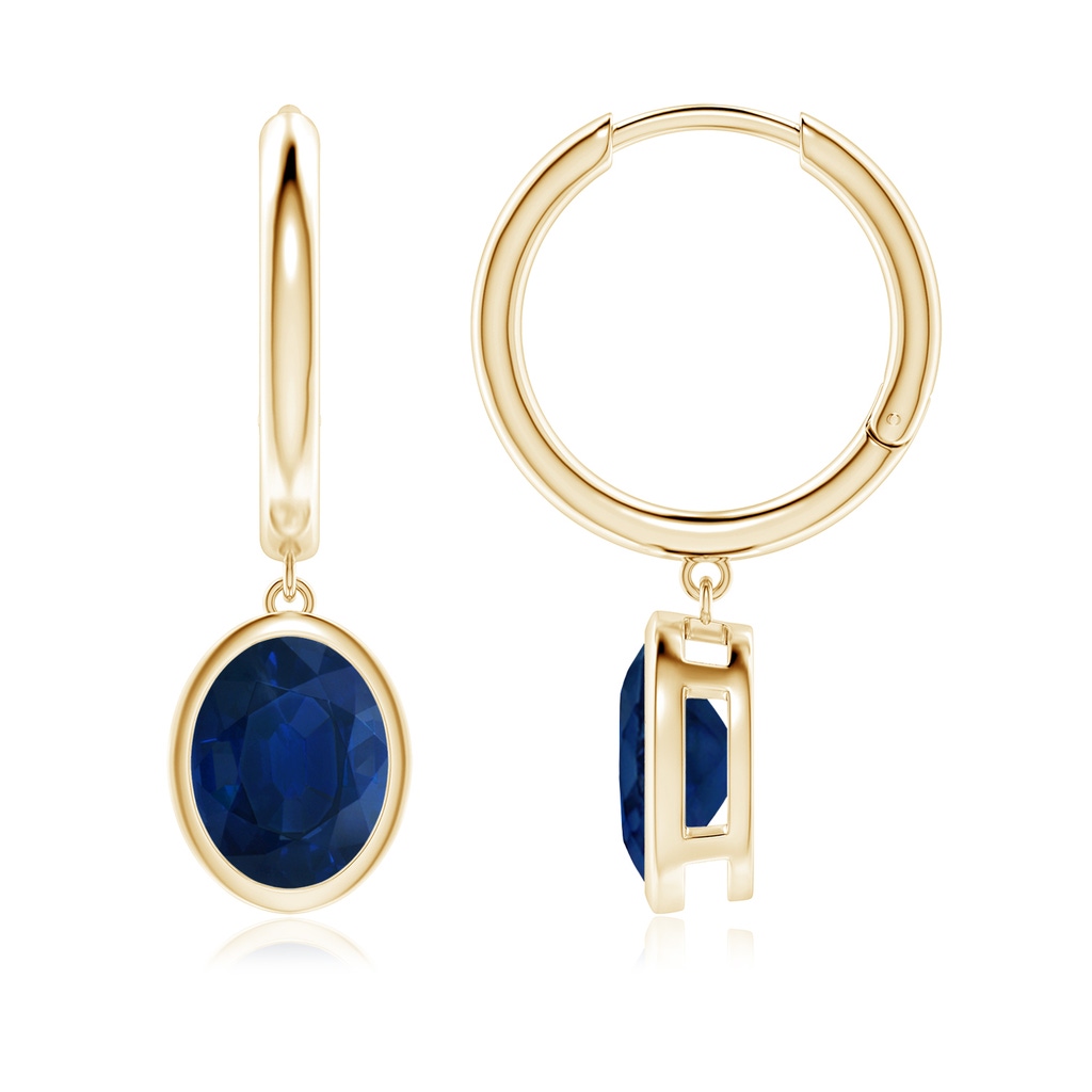 9x7mm AA Oval Blue Sapphire Hoop Drop Earrings in Yellow Gold