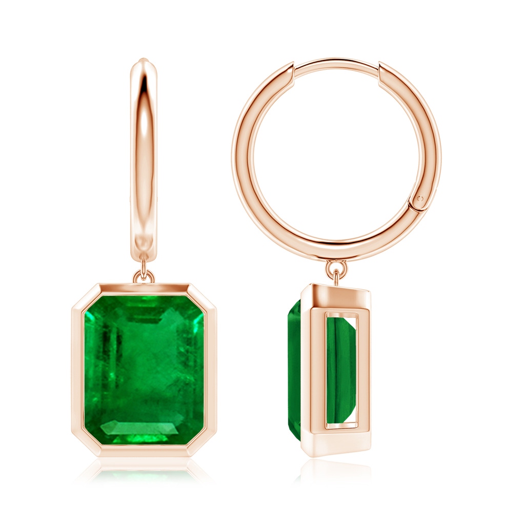 10x8mm AAAA Emerald-Cut Emerald Hoop Drop Earrings in Rose Gold