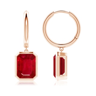 9x7mm AAA Emerald-Cut Ruby Hoop Drop Earrings in Rose Gold