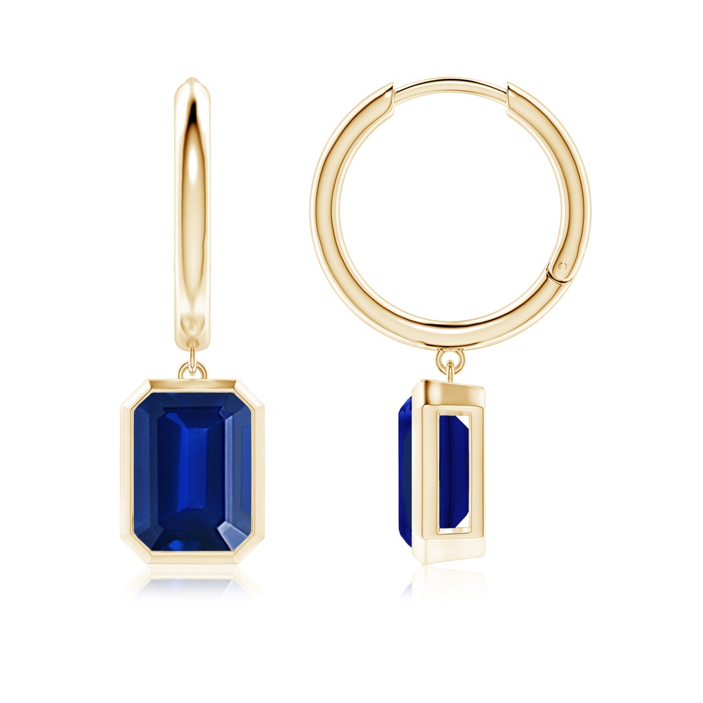 8x6mm Lab-Grown Emerald-Cut Blue Sapphire Hoop Drop Earrings in Yellow Gold