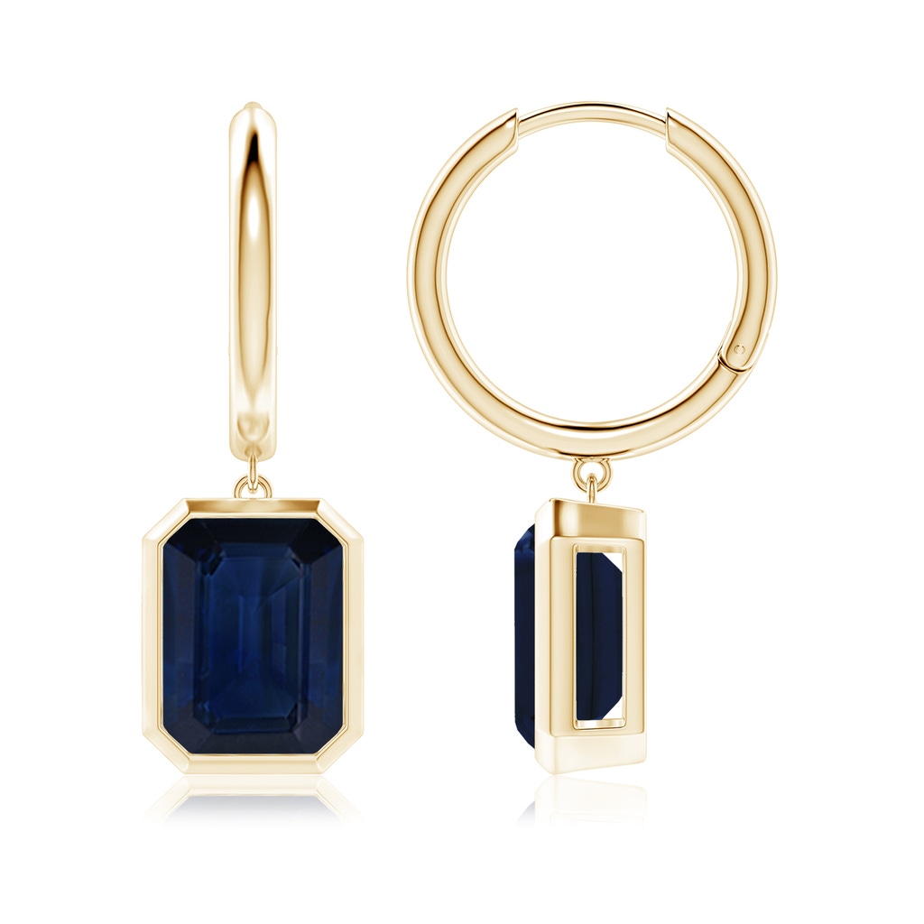 9x7mm AA Emerald-Cut Blue Sapphire Hoop Drop Earrings in Yellow Gold