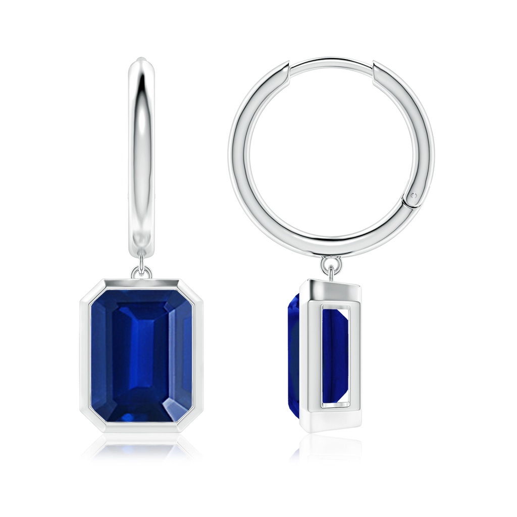 9x7mm Lab-Grown Emerald-Cut Blue Sapphire Hoop Drop Earrings in White Gold