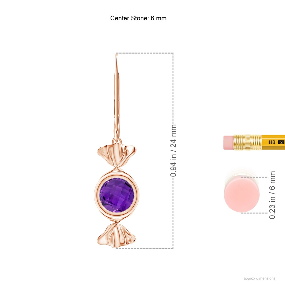 6mm AAAA Sweet Treats Round Amethyst Candy Drop Earrings in 18K Rose Gold ruler