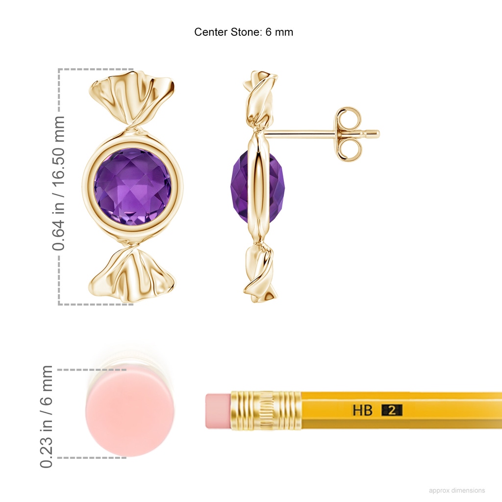 6mm AAA Sweet Treats Round Amethyst Candy Stud Earrings in Yellow Gold ruler